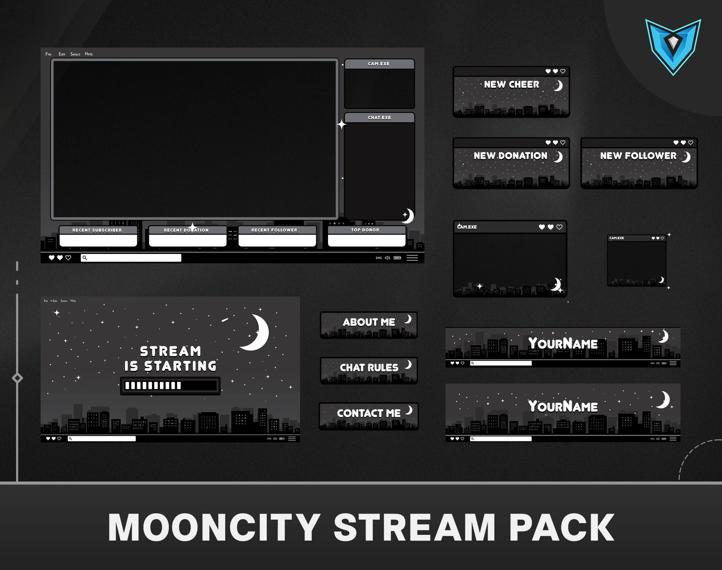 Twitch Night Sky Animated Just Chatting Overlay Black & White