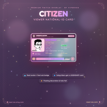 A holographic collectible ID card issued on a Twitch stream with crest, seal and hologram strip