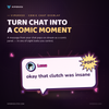 Comic chat popup widget on a Twitch stream, a viewer message framed in an inked panel with a starburst