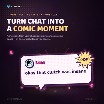 Comic chat popup widget on a Twitch stream, a viewer message framed in an inked panel with a starburst