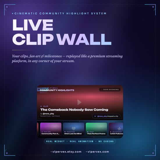 A cinematic community highlight wall in the corner of a Twitch scene showing clips and fan art