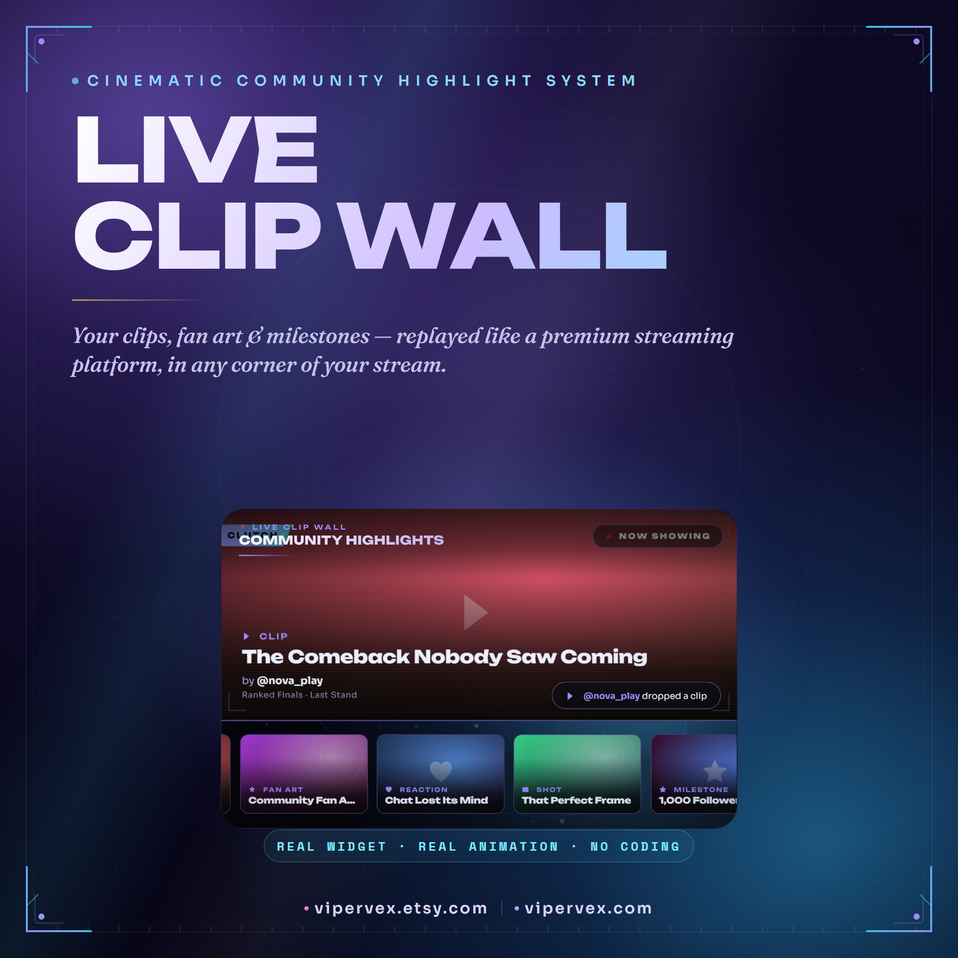 A cinematic community highlight wall in the corner of a Twitch scene showing clips and fan art