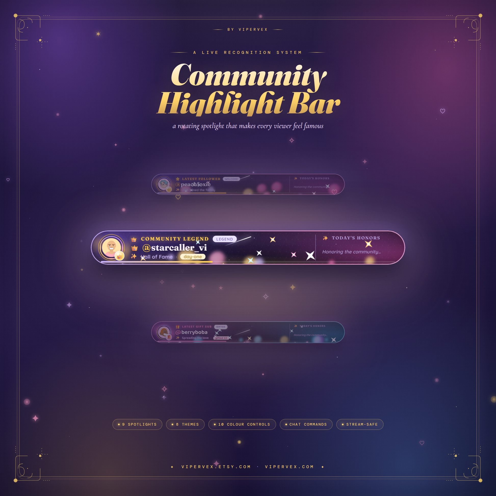 A slim community spotlight bar along a Twitch scene showing the latest follower with their avatar