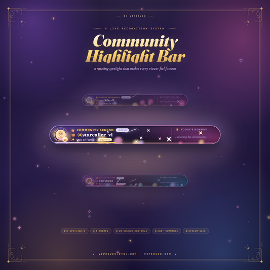 A slim community spotlight bar along a Twitch scene showing the latest follower with their avatar
