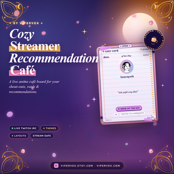 A cozy cafe shoutout card sliding onto a Twitch scene with a streamer recommendation