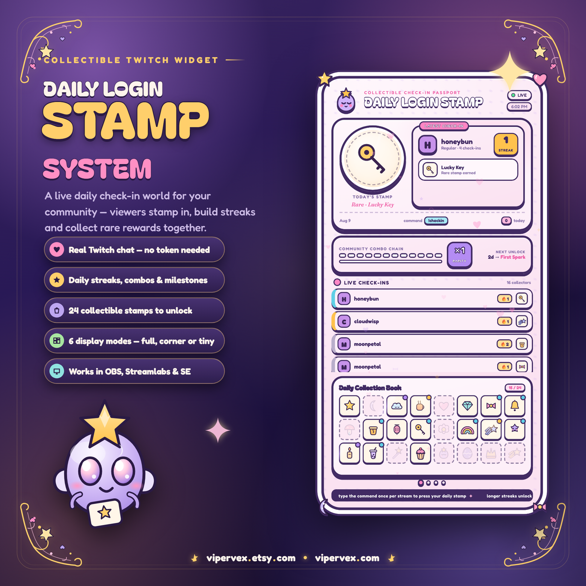 Daily check-in widget on a Twitch scene showing a viewer's streak and their stamp book
