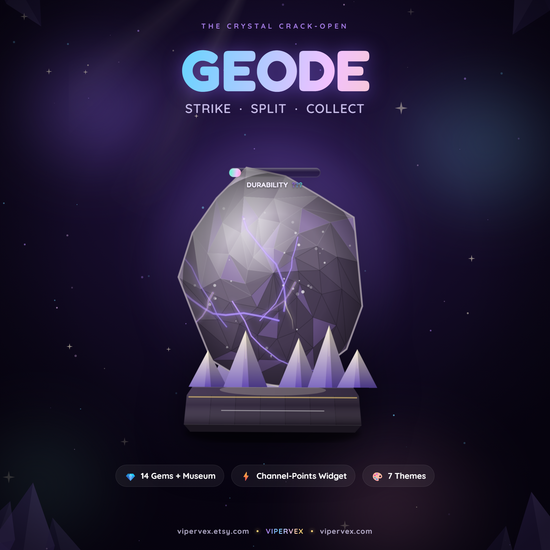 A crystal geode overlay on a Twitch scene fracturing as chat strikes it