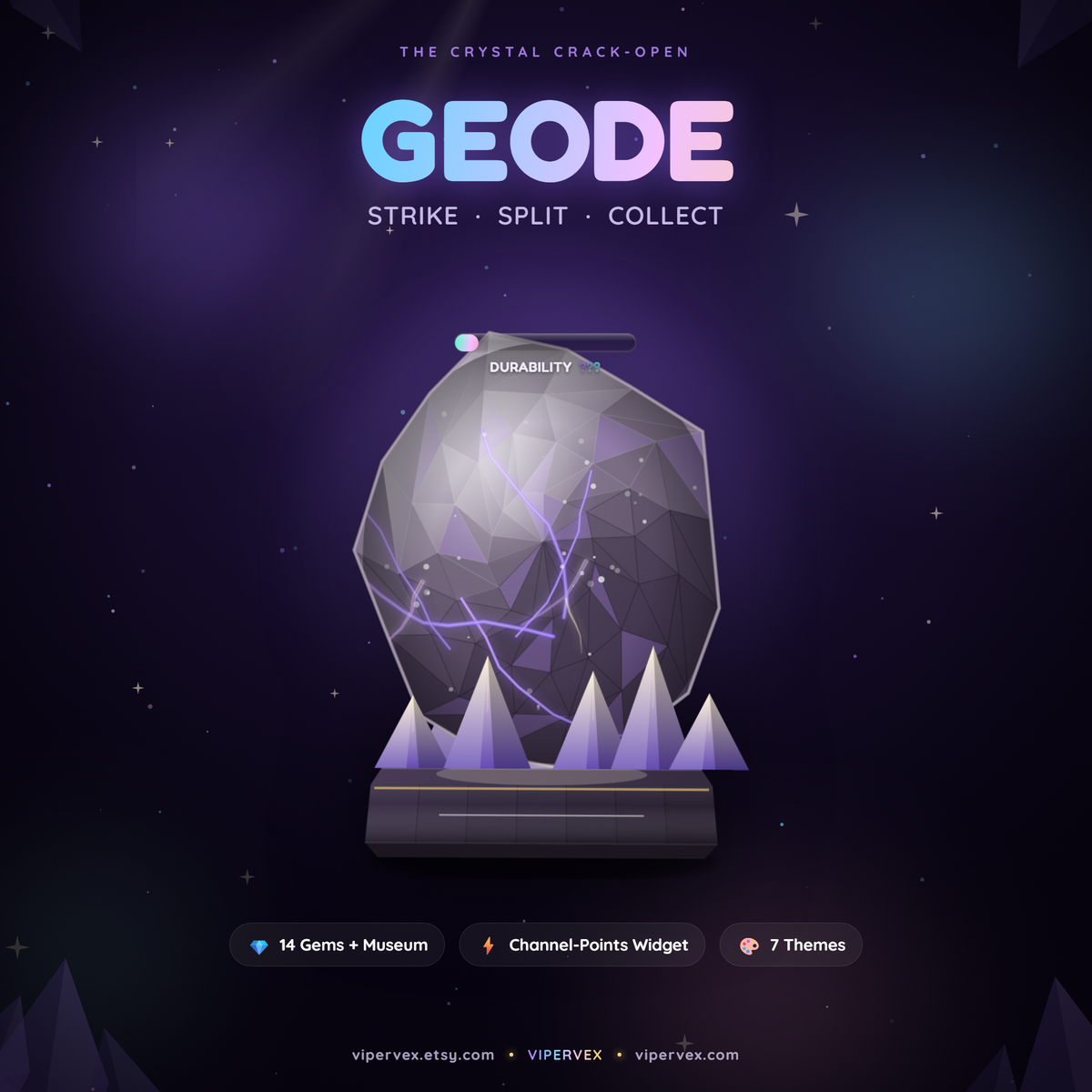 A crystal geode overlay on a Twitch scene fracturing as chat strikes it