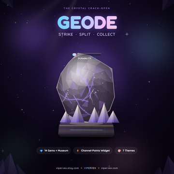 A crystal geode overlay on a Twitch scene fracturing as chat strikes it