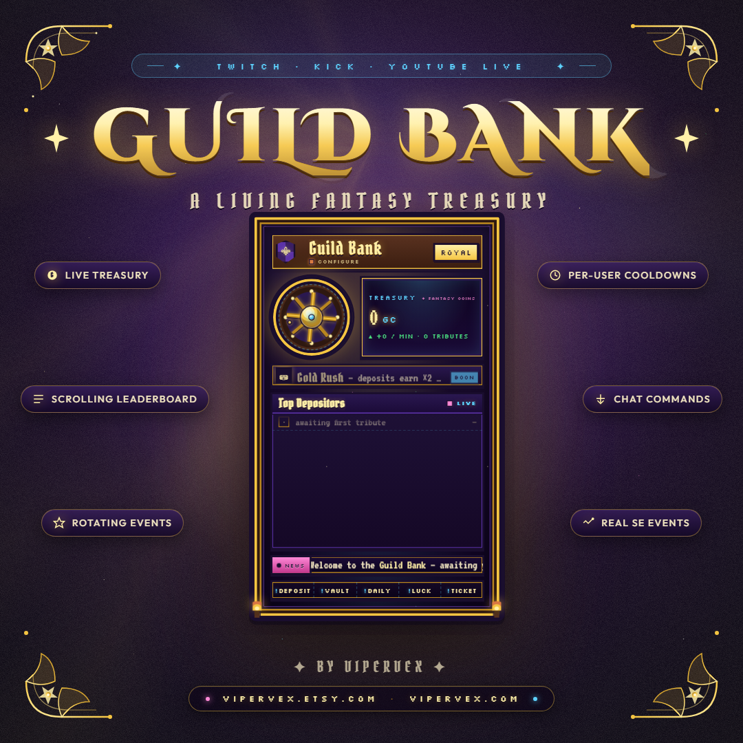 A pixel-art fantasy guild treasury overlay on a Twitch scene with its coin hoard