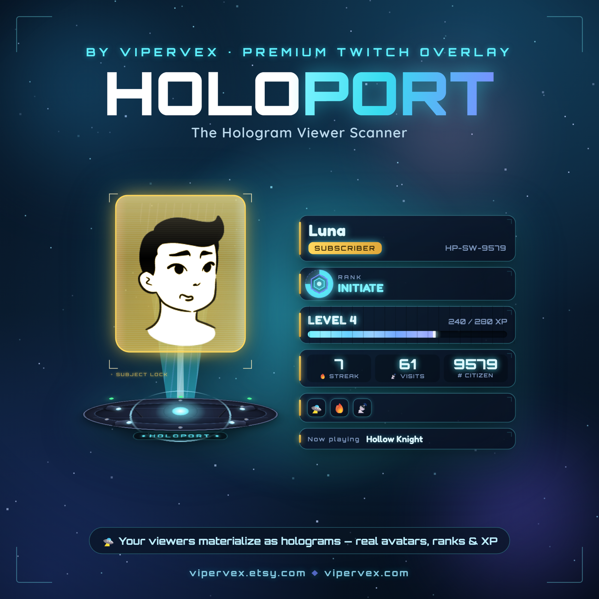 A viewer materialising as a hologram above a projector dais on a Twitch stream