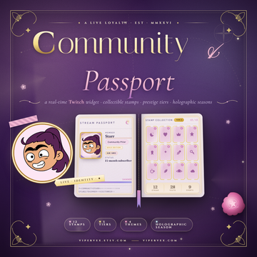 A transparent stream passport overlay filling with collectible stamps on a Twitch layout