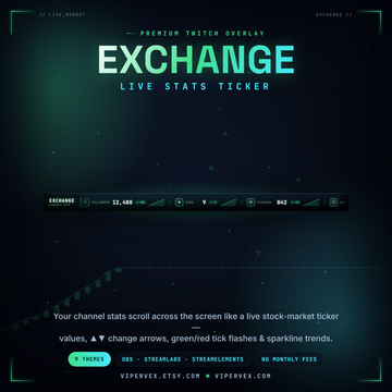 A stats ticker bar across a Twitch scene showing followers, subs and uptime scrolling past