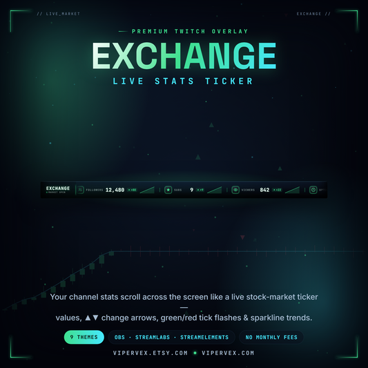A stats ticker bar across a Twitch scene showing followers, subs and uptime scrolling past