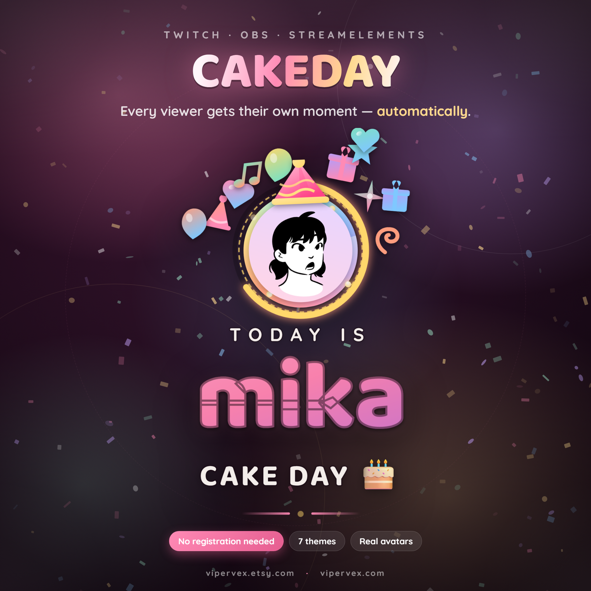 Twitch birthday widget celebrating a viewer with their avatar, name and animated confetti filling the stream overlay
