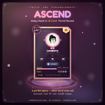 Holographic viewer ID card rising from a glowing portal on a Twitch stream, showing avatar, level and XP