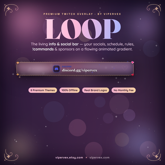 Twitch social bar widget showing a rotating info bar with a flowing gradient