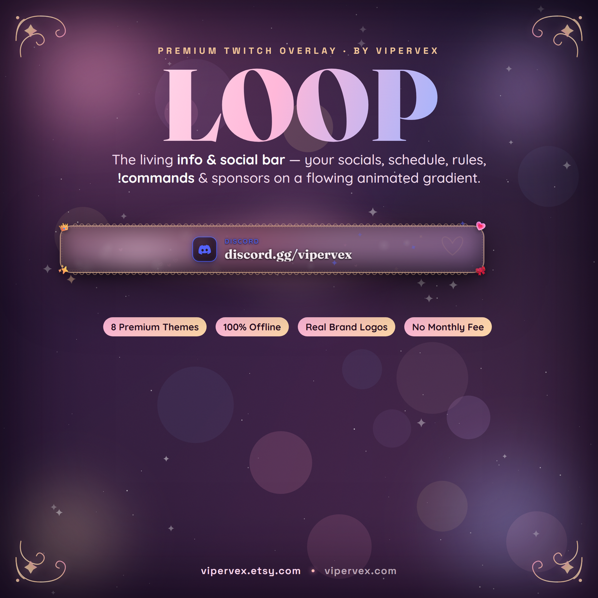 Twitch social bar widget showing a rotating info bar with a flowing gradient