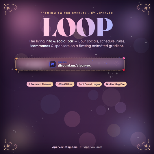 Twitch social bar widget showing a rotating info bar with a flowing gradient
