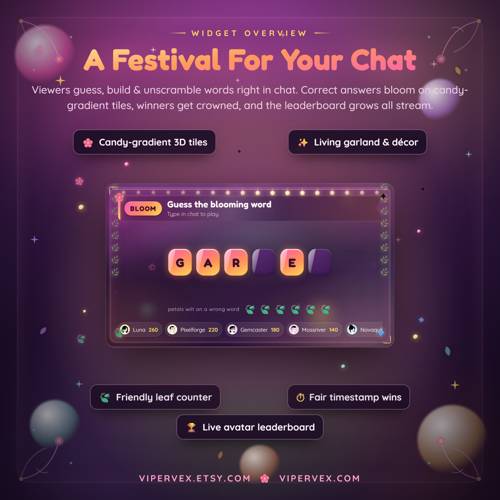 Overview of the word game widget: six games, hints, podium and records