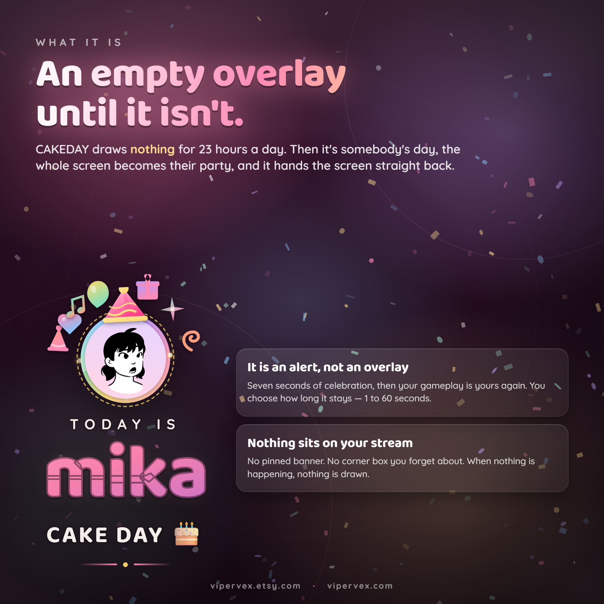 Overview of the Twitch birthday widget showing the celebration, settings panel and theme options together