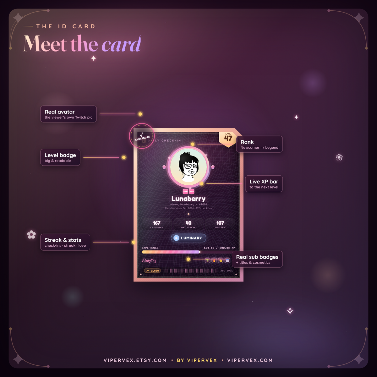 Overview of the check-in widget: portal reveal, XP, levels, ranks, streaks and badges