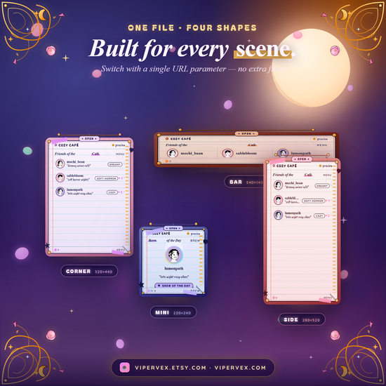 Four layouts for the same widget: corner, bar, side rail and mini badge