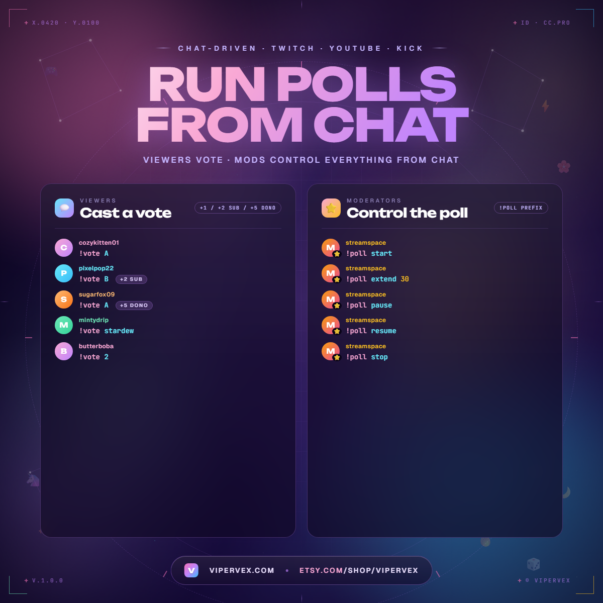 Chat commands for starting a poll and casting a vote, with the mod prefix