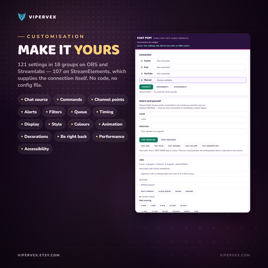 The built-in control panel with 121 settings for the Twitch chat overlay, no code editing required