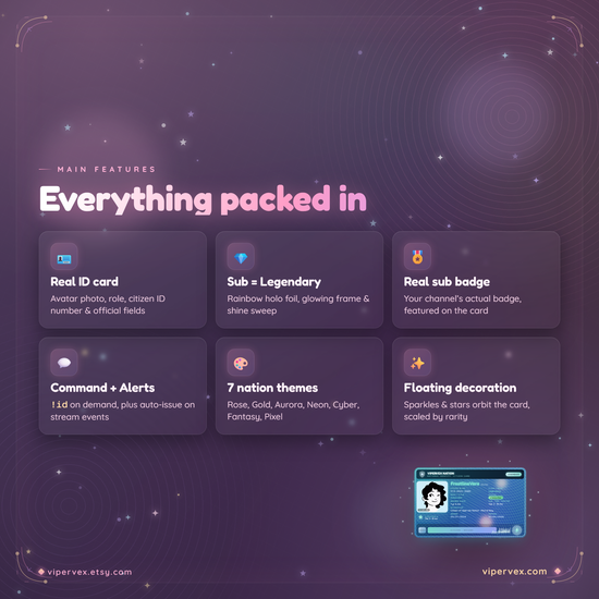 Main features including card fields, real sub badges and per-user cooldowns
