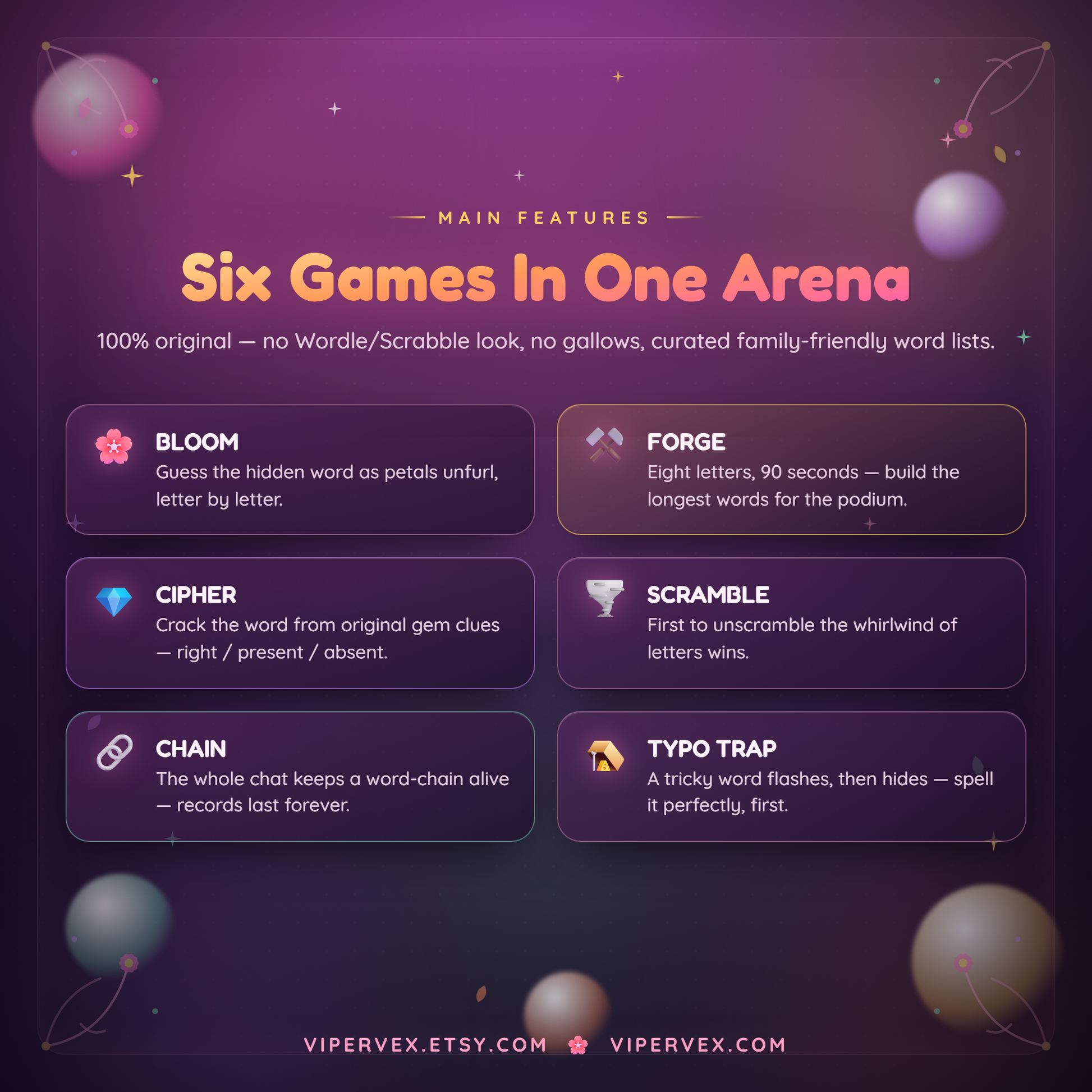 The six word games included, each a different kind of puzzle