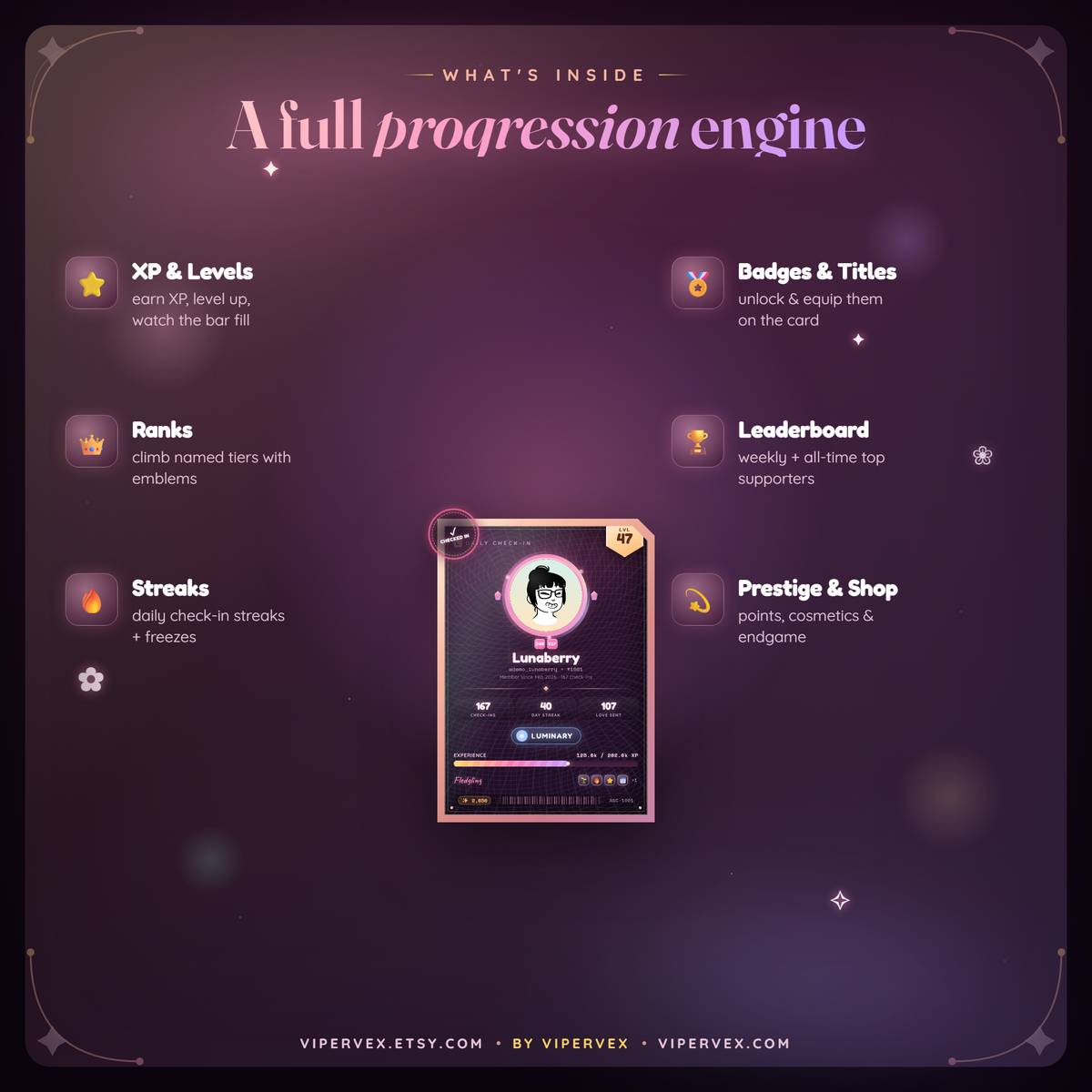 Feature breakdown of the XP curve, rank tiers, streaks, badges, titles and prestige
