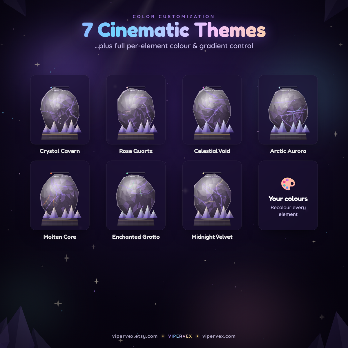 Seven colour themes for the geode, its pedestal and its gems