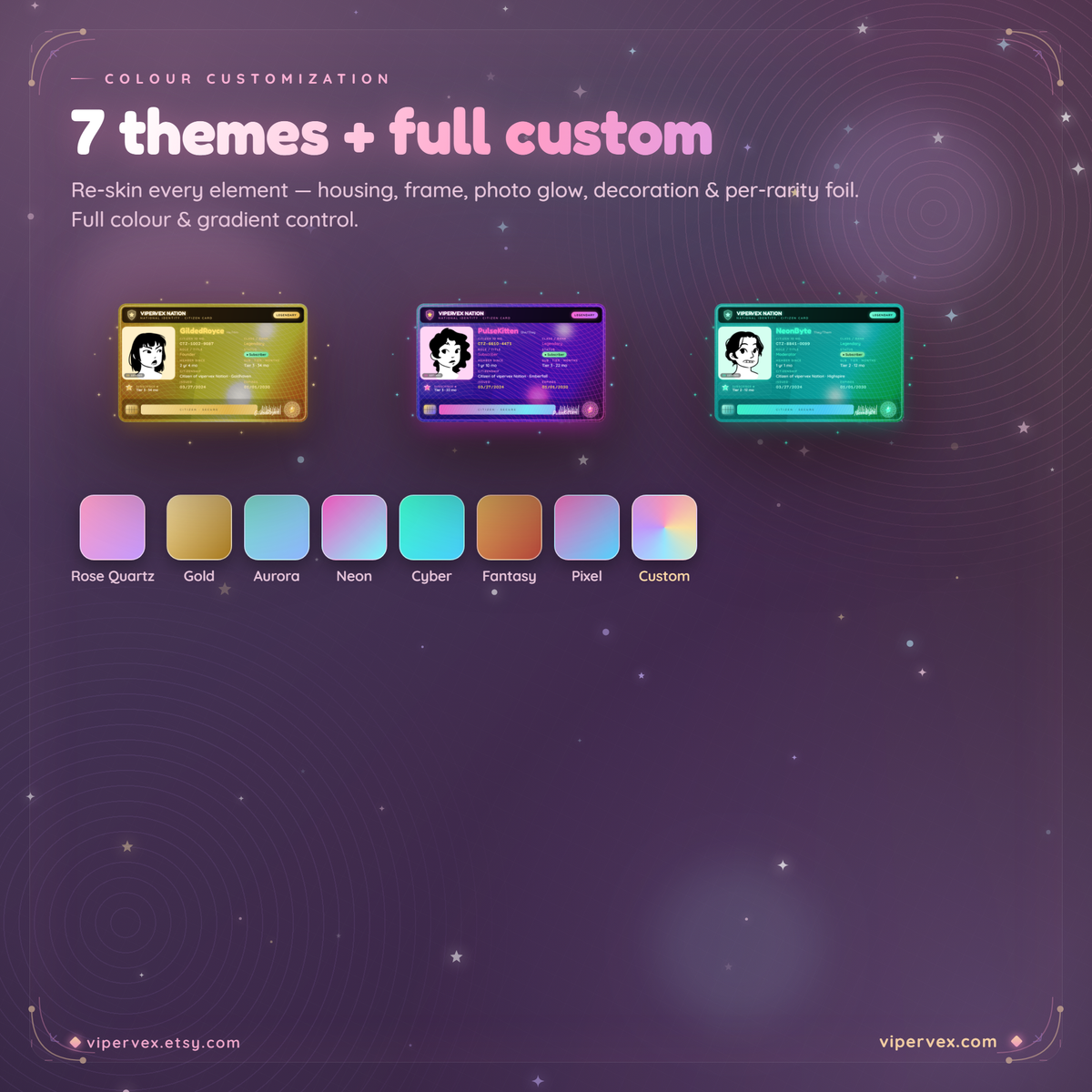 Seven nation themes: Rose Quartz, Gold, Aurora, Neon, Cyber, Fantasy and Pixel