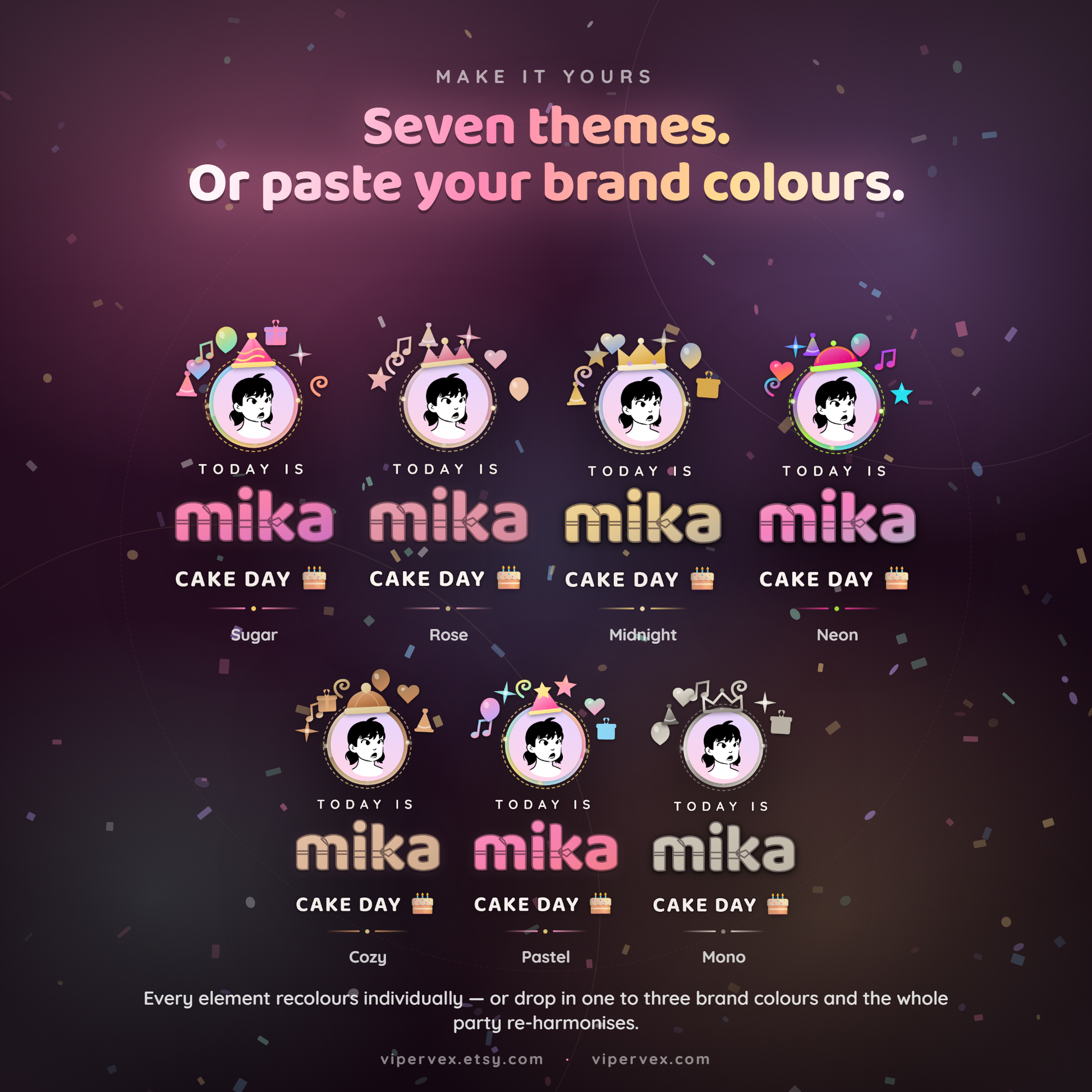 Seven themes for the birthday overlay shown side by side, each with its own colours, artwork and typography