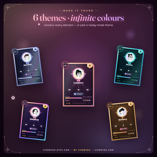 Six themes side by side: Rose Quartz, Celestial, Cyber Holo-Tech, Cozy Storybook, Arcade and Minimal Luxe