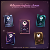 Six themes side by side: Rose Quartz, Celestial, Cyber Holo-Tech, Cozy Storybook, Arcade and Minimal Luxe
