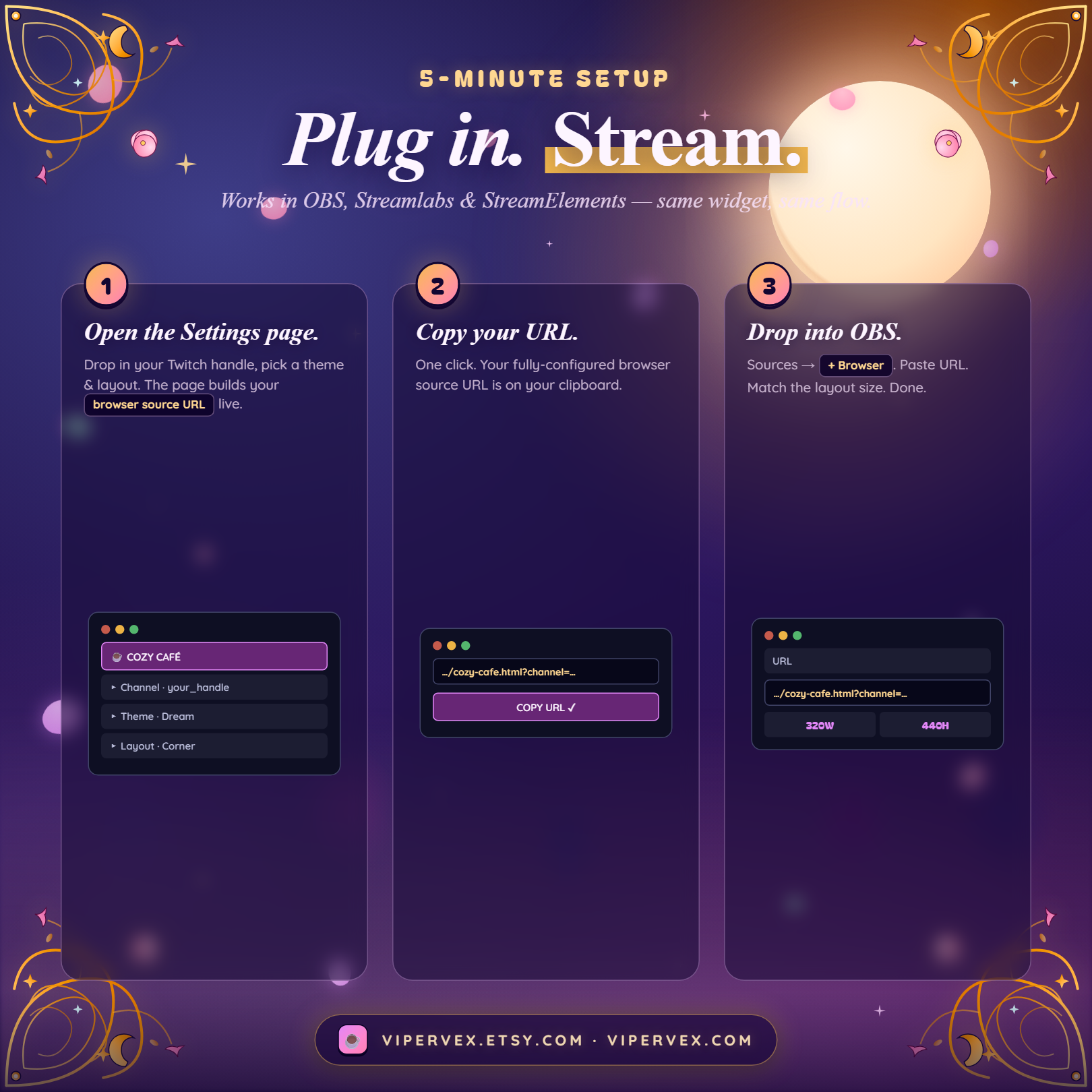 Adding the cafe widget as a browser source in OBS Studio with the layout sizes