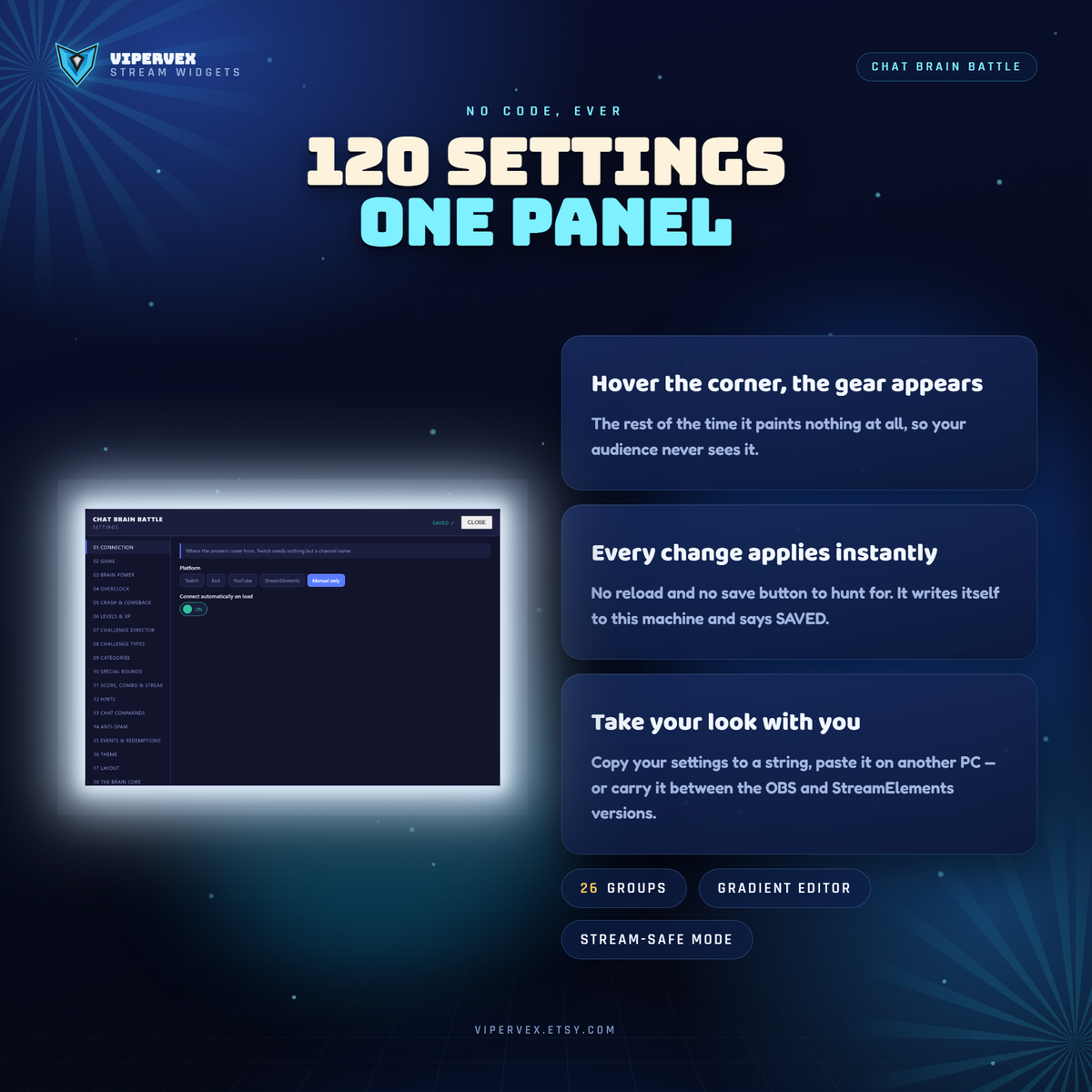 The settings panel with 120 options across 26 groups, no code editing required