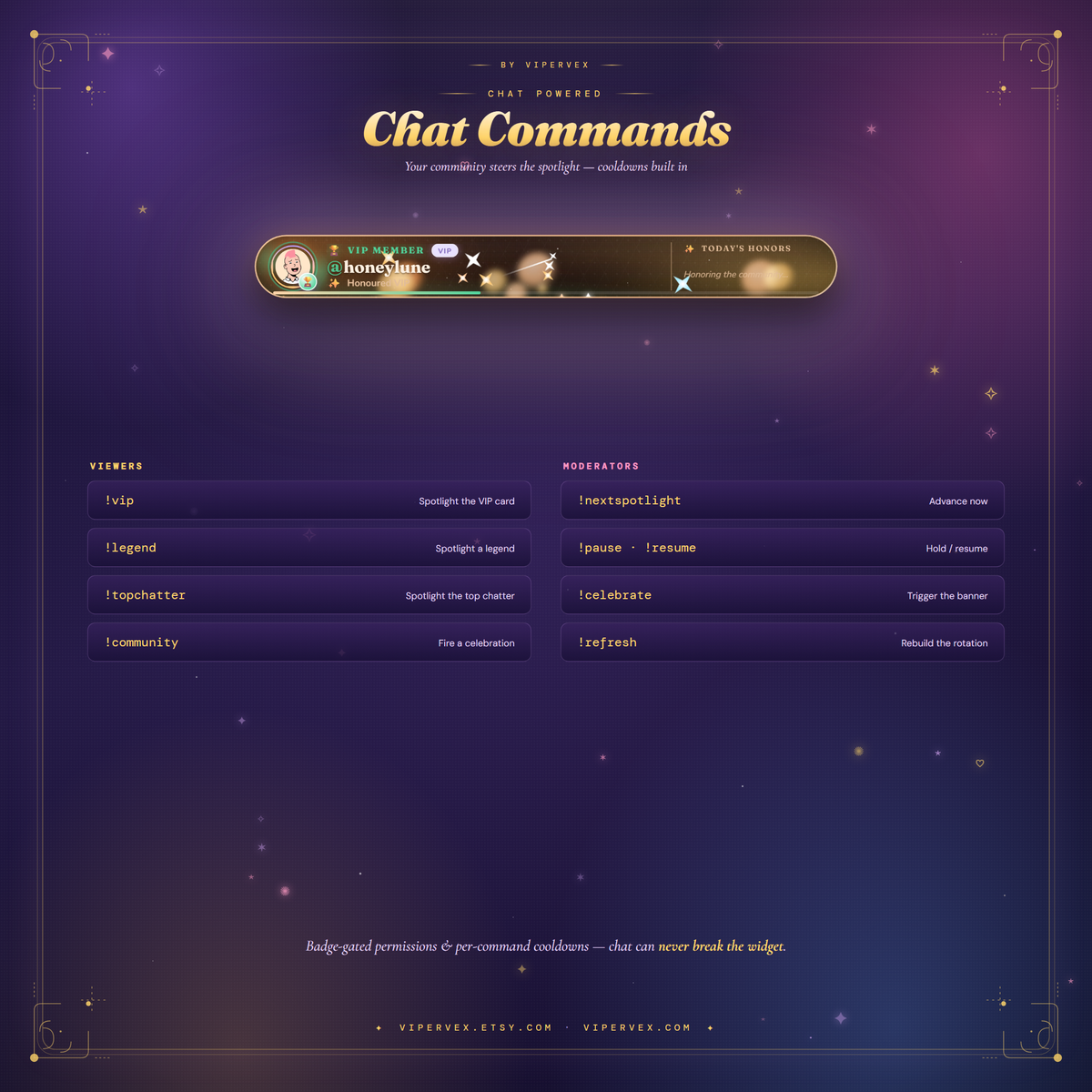 Chat commands letting viewers call up spotlights and mods steer the rotation