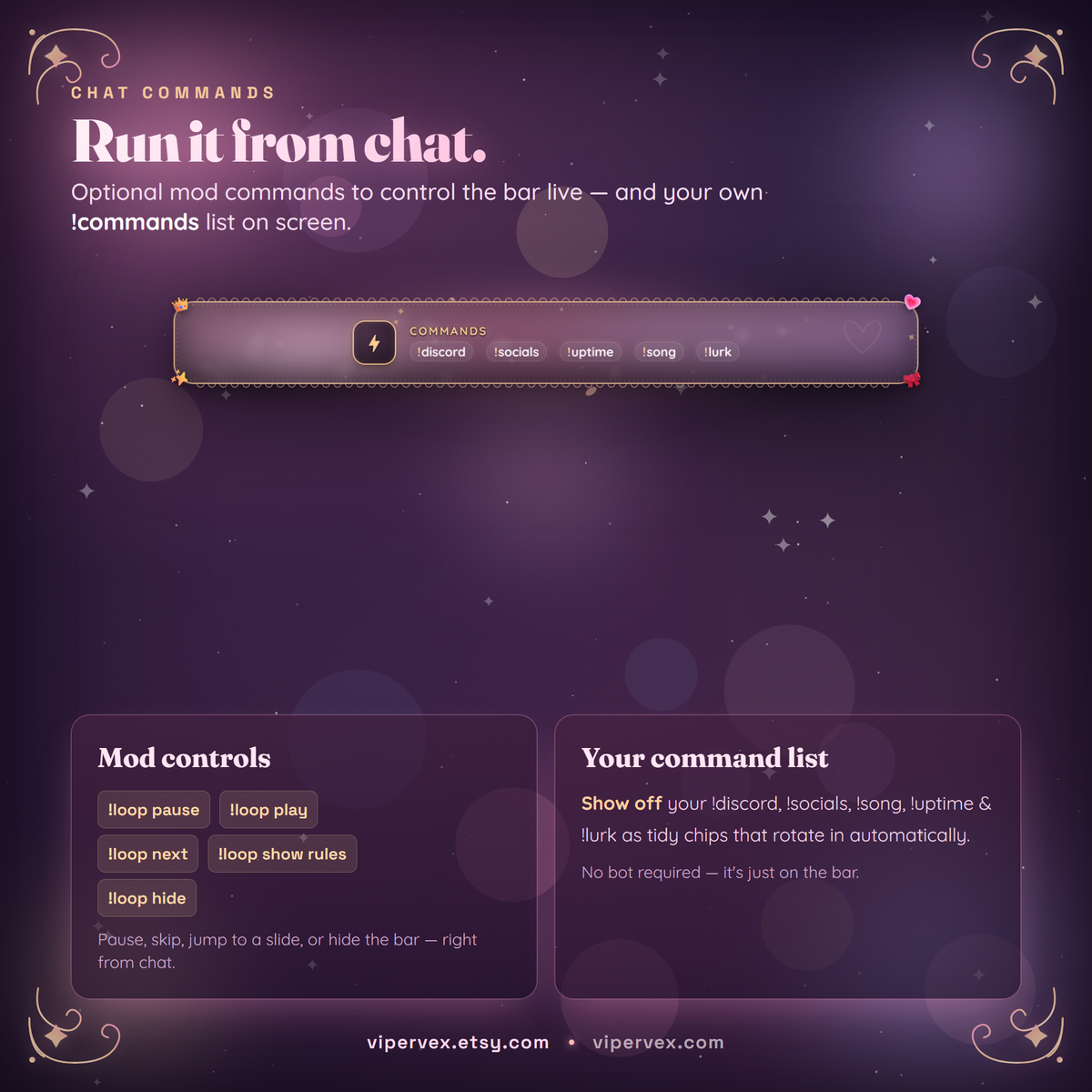 Chat commands to pause, play, skip, show and hide the info bar