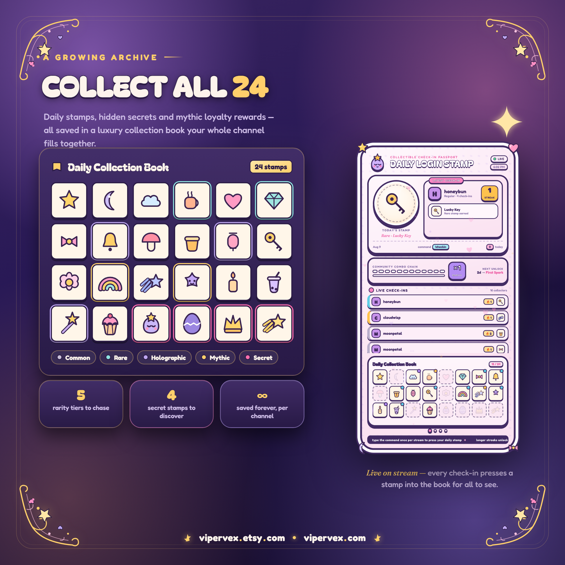 The twenty-four collectible stamps viewers can earn by checking in