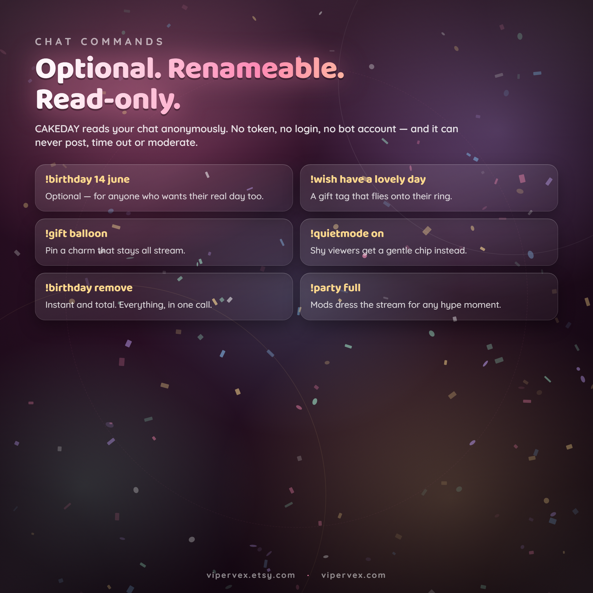 Chat command list for the birthday widget including register, confirm, gift and wish, all renameable