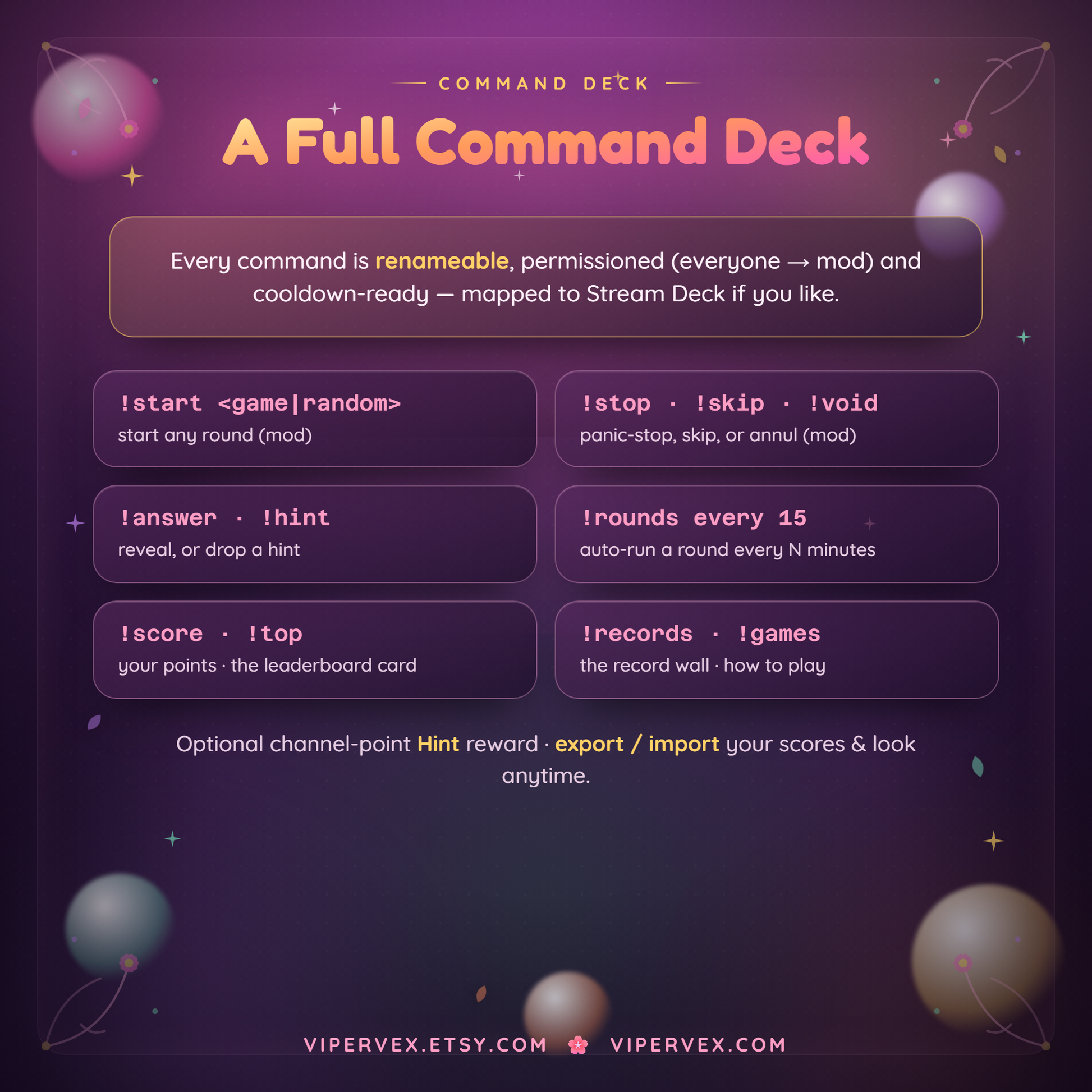 Chat commands for starting rounds, requesting hints and controlling the game