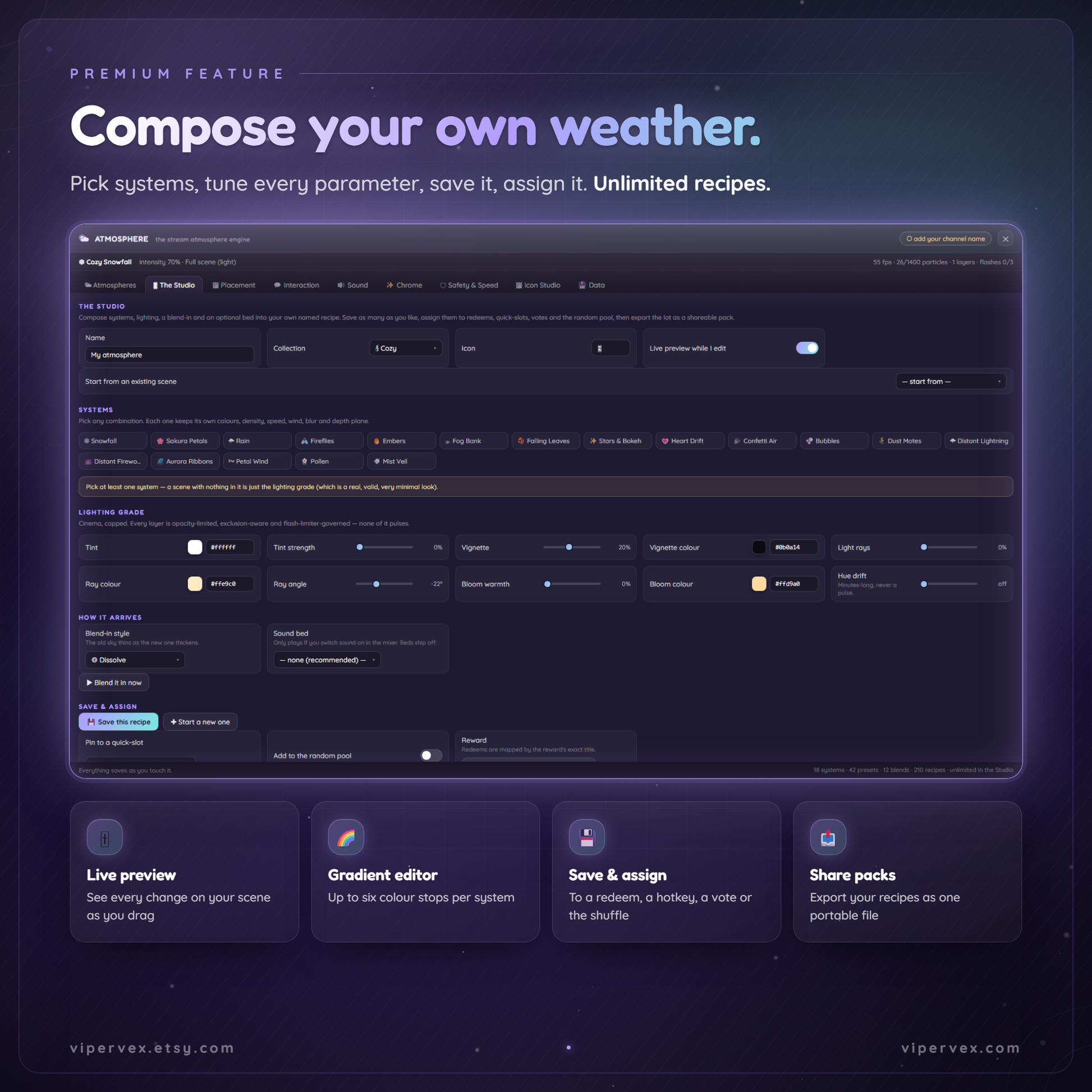 The Atmosphere Studio building a custom animated weather scene inside OBS with live preview