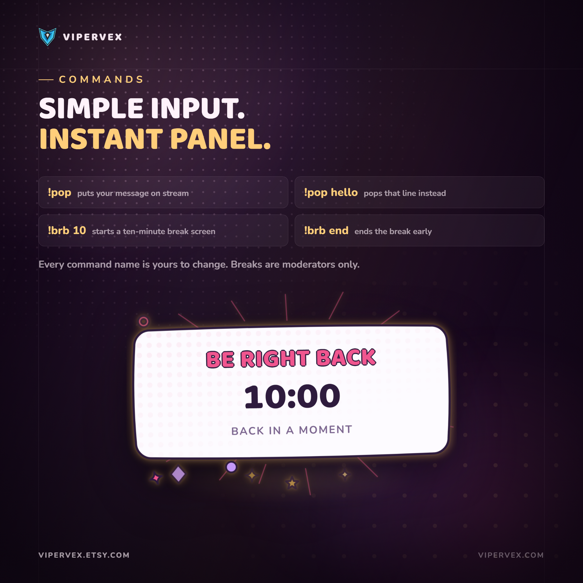 Chat commands for the widget, including the pop command viewers type to send a message on screen