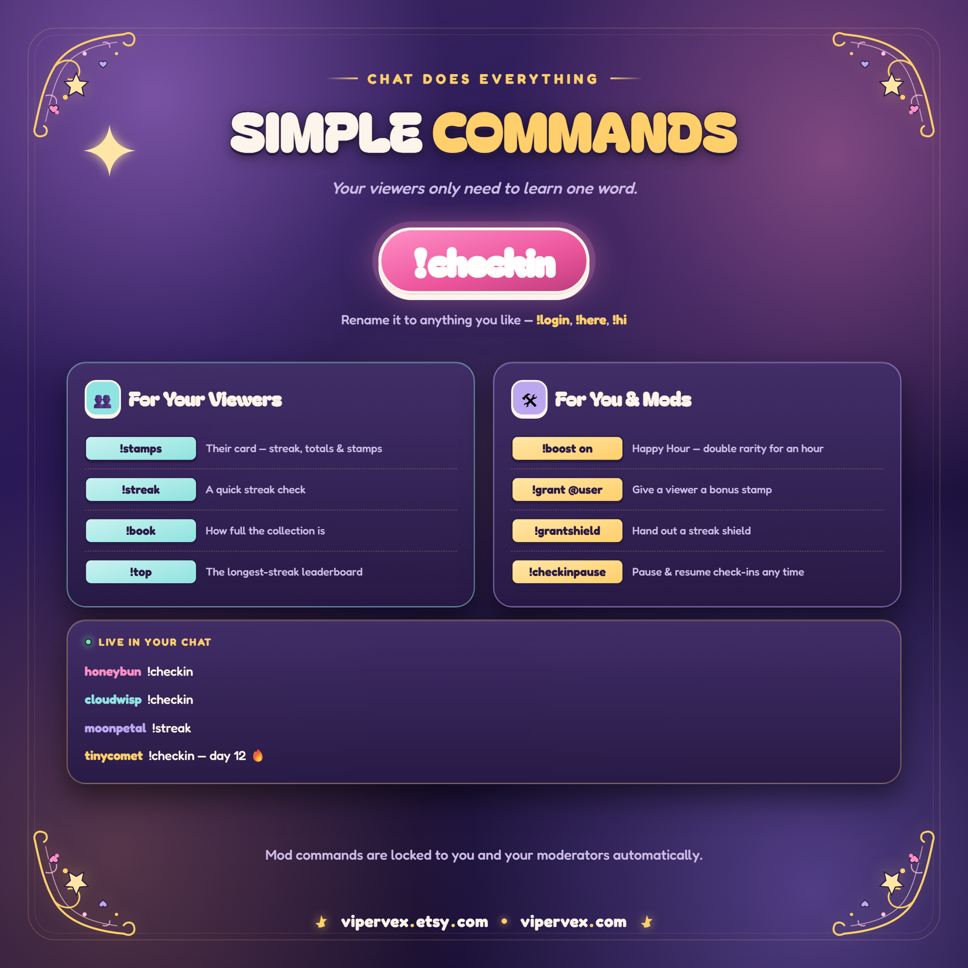 The renameable check-in chat command and its options