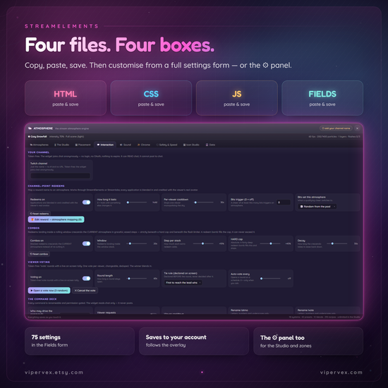StreamElements setup showing the HTML, CSS, JS and Fields files with the settings form