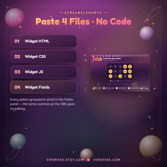 Pasting the four files into a StreamElements custom widget for the word game