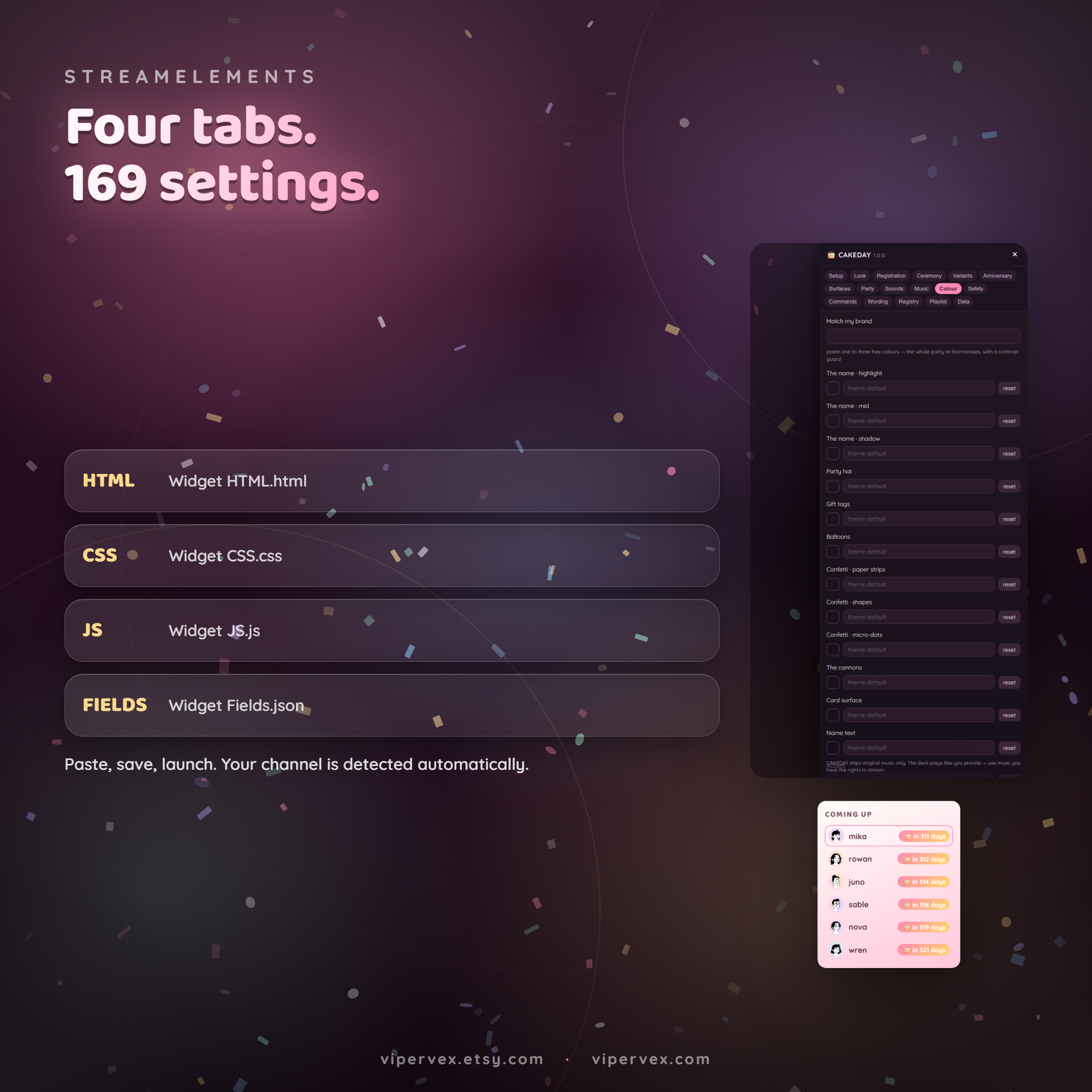 Installing the birthday widget in StreamElements, with its four files placed in the custom widget tabs